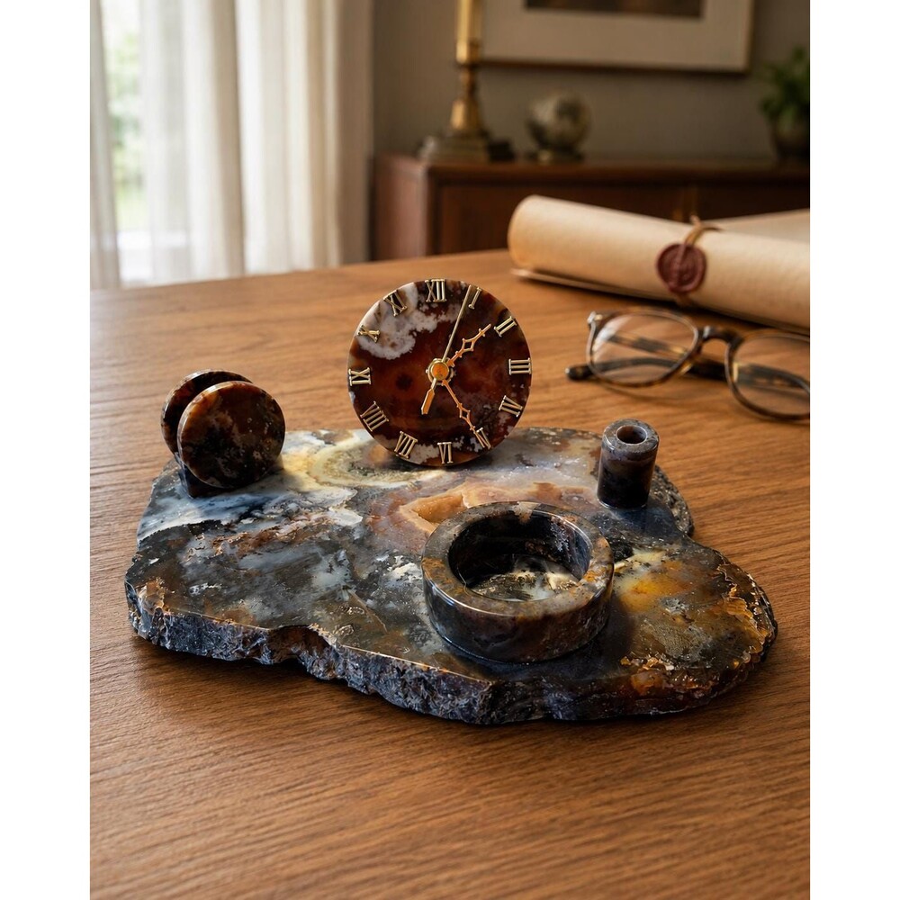 Vintage Natural Agate Stone Desk Set With Clock – MCM Office Organizer